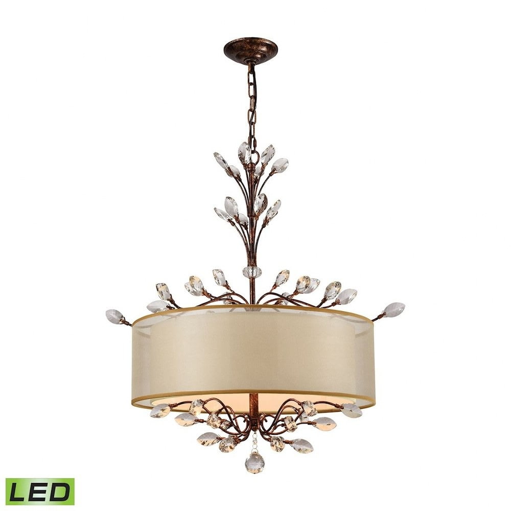 Spanish Bronze 4-Light LED Chandelier with Beige Drum Shade