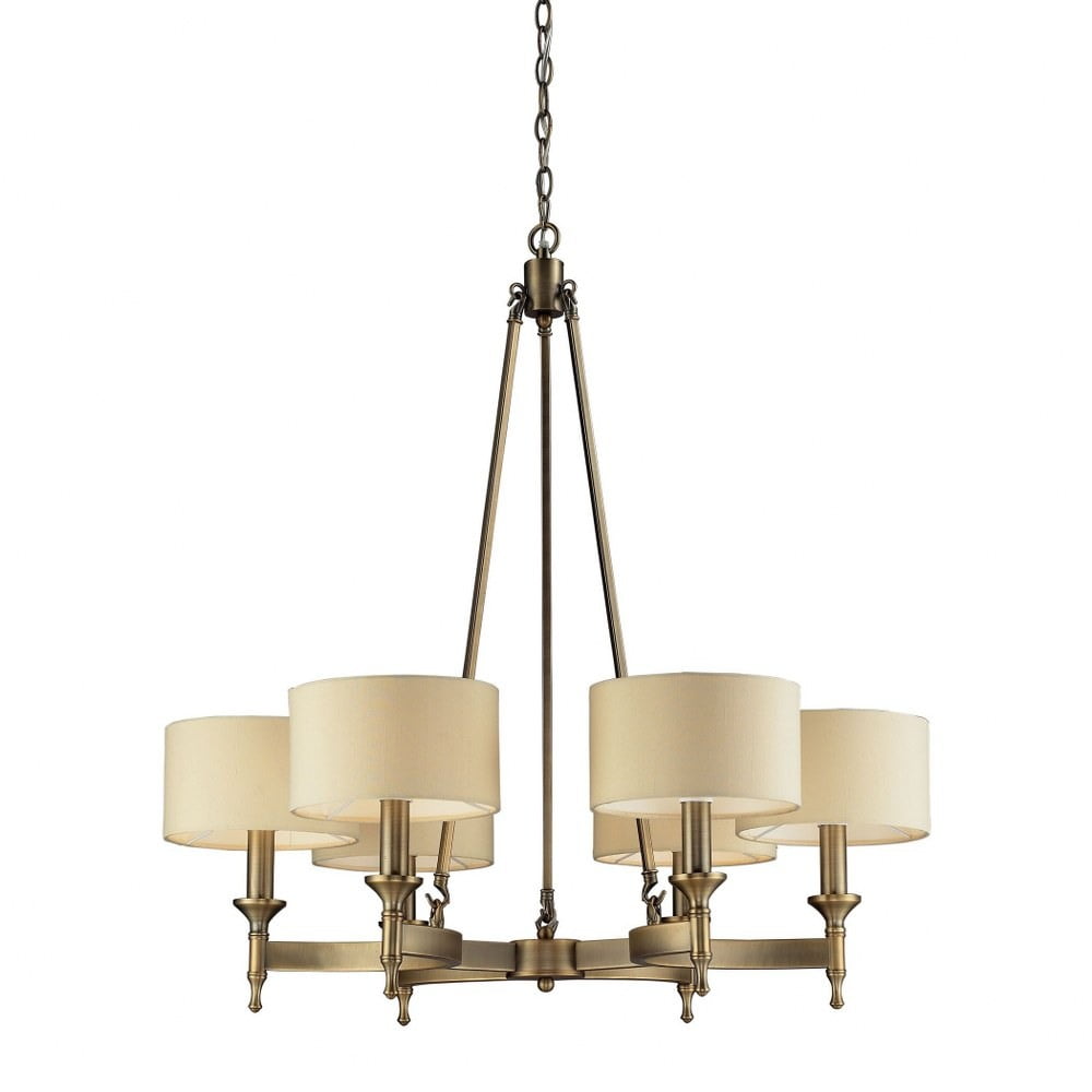 Antique Brass Concave Arm 6-Light Chandelier with Light Tan Drum Shades