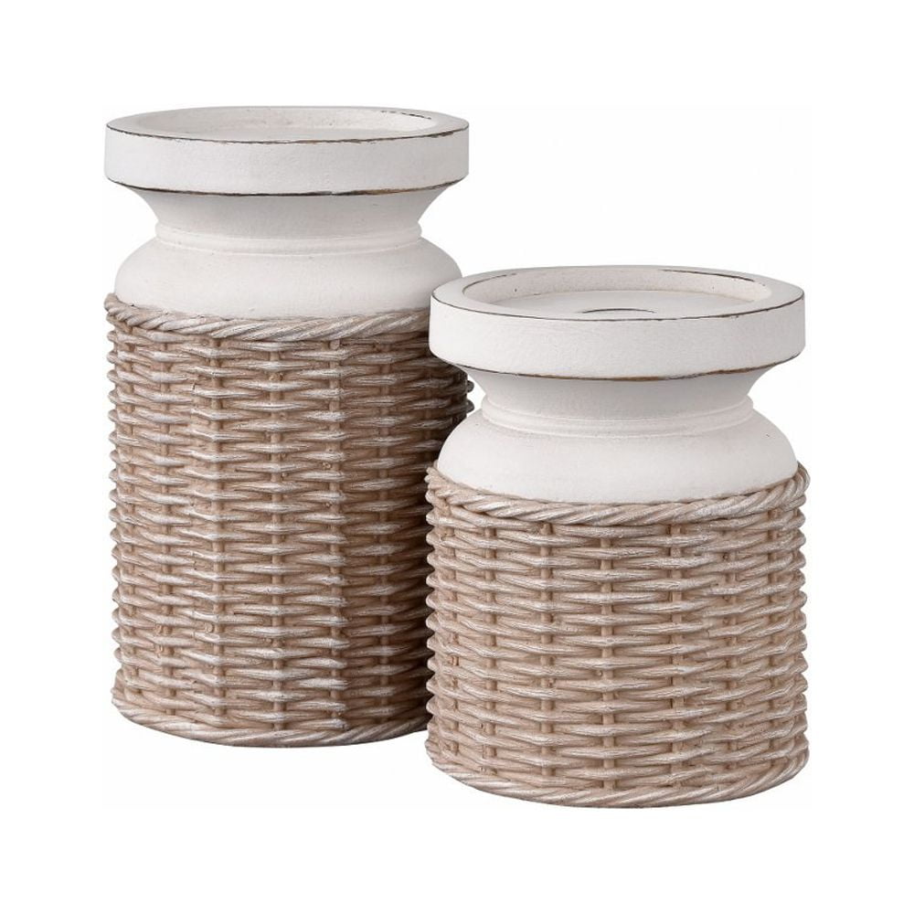 Norris Beige Resin and Rattan Candleholders, Set of 2