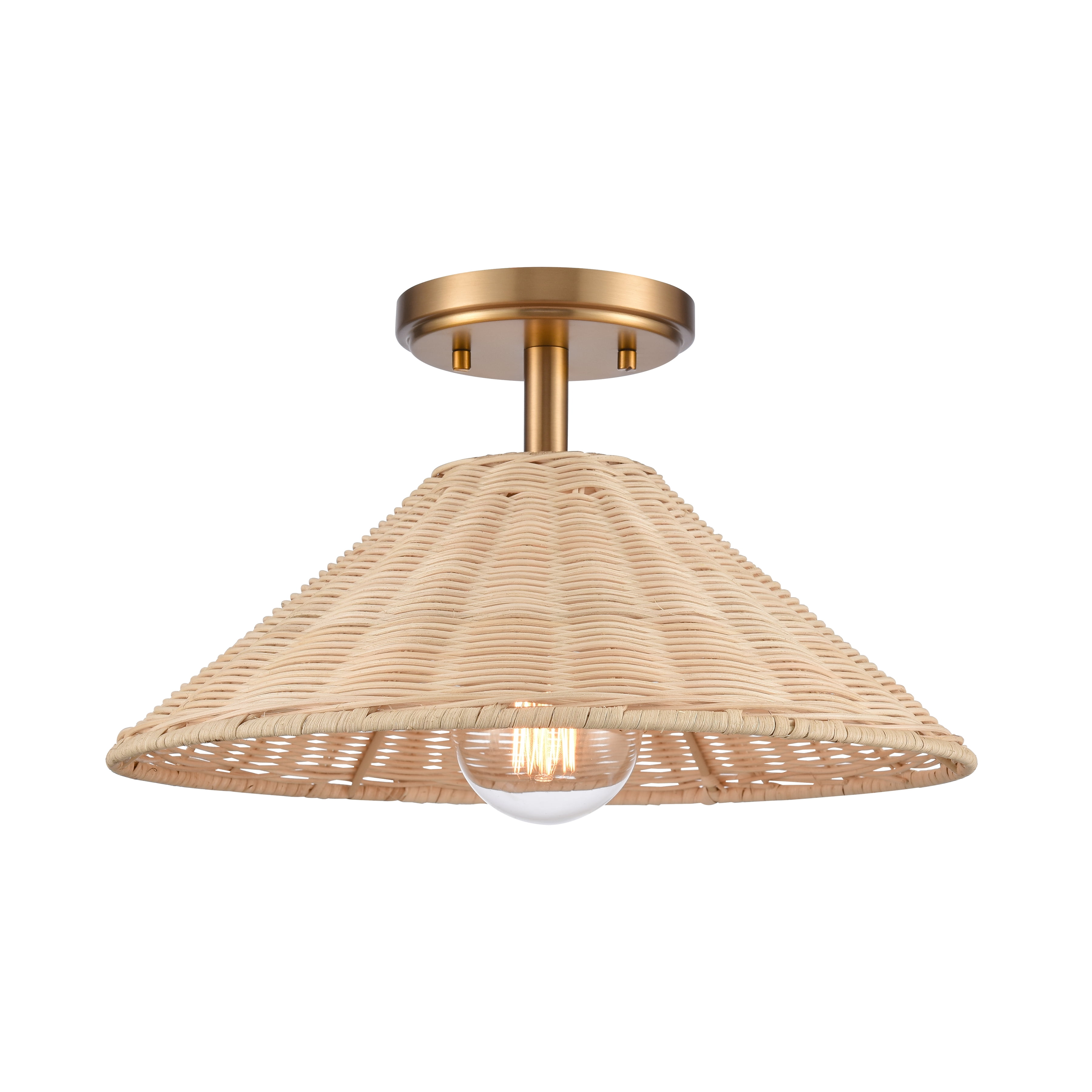 14" Rattan Cone Shade Ceiling Light in Brushed Gold