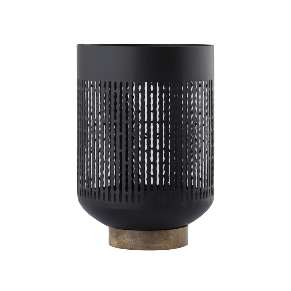 Medium Black Metal Hurricane Candleholder with Wood Base