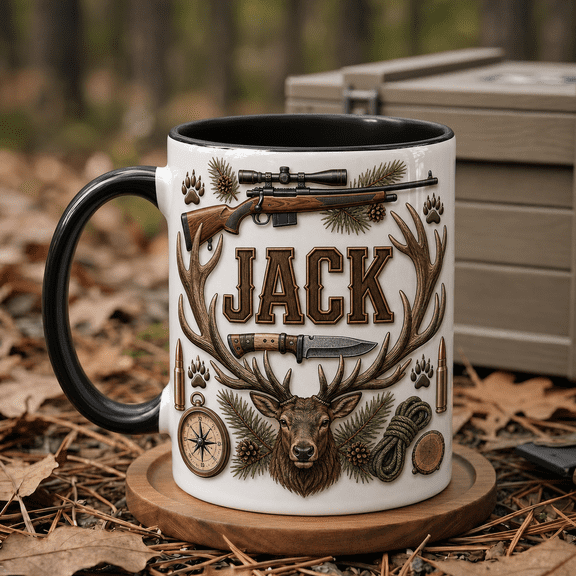 Elk Hunter Dad Accent Mug Custom Jack Name Father's Day Gift with Elk Rack Rifle Hunting Knife