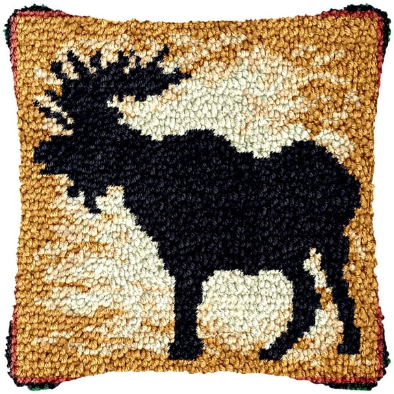 Elk Latch Hook Kits Pillow Cover DIY Rug Making Crochet Hook Cushion Making Kits with Preprinted Pattern Canvas DIY Needlework Crochet Kits Sofa Decor 43x43cm