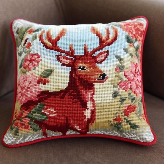 Elk Latch Hook Kits Pillow DIY Rug Crochet Hook Cushion Making Kits with Preprinted Pattern Canvas Instruction Yarns Easy Starter Christmas Decoration Hooking DIY Kits 43x43cm(d110)