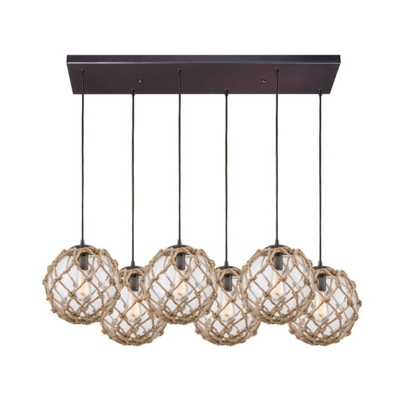 Elk Lighting Coastal Inlet - Six Light Pendant, Oil Rubbed Bronze Finish with Hitchknot Rope Wrapped Clear Glass