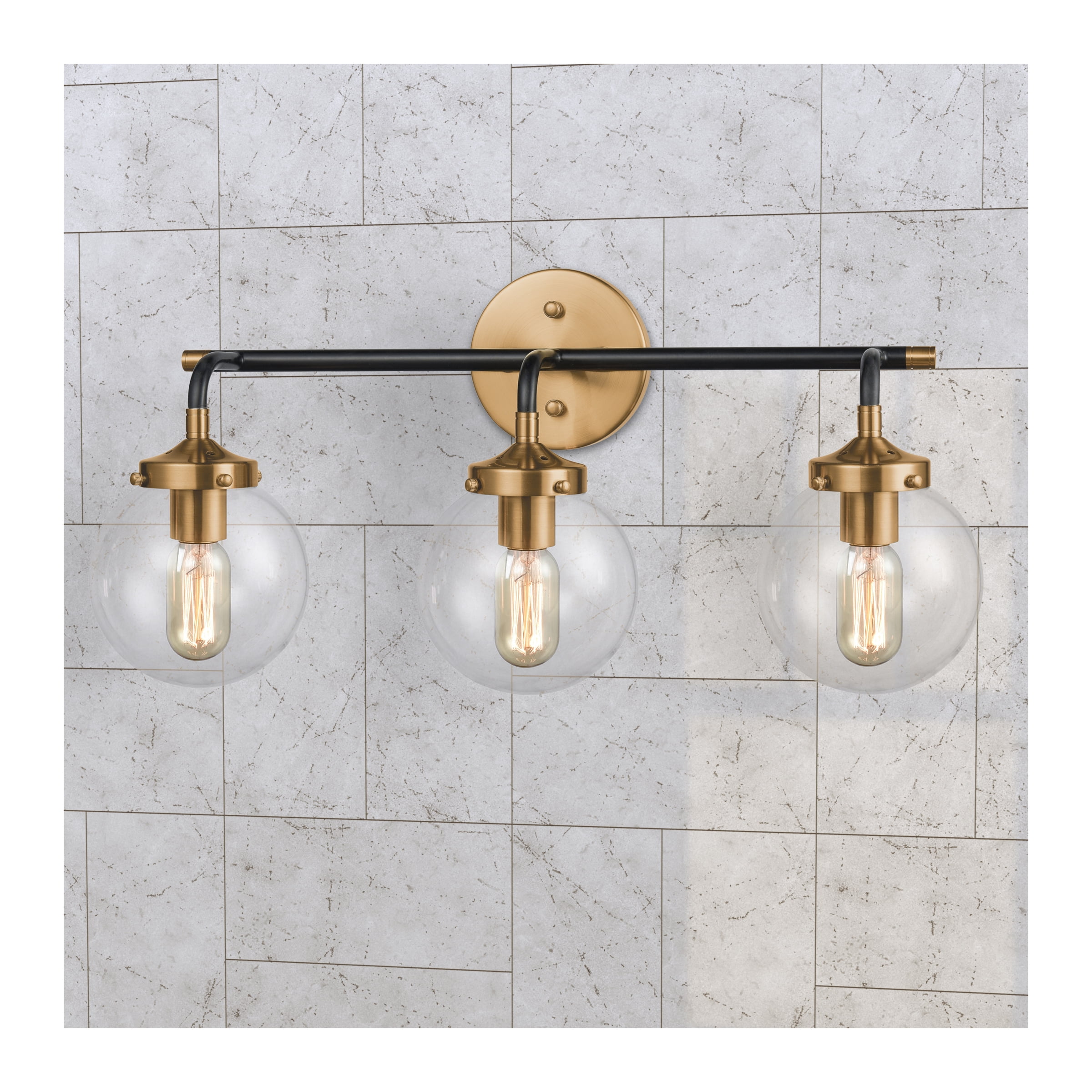 Boudreaux Midcentury 3-Light Vanity in Matte Black and Antique Gold with Clear Glass Globes