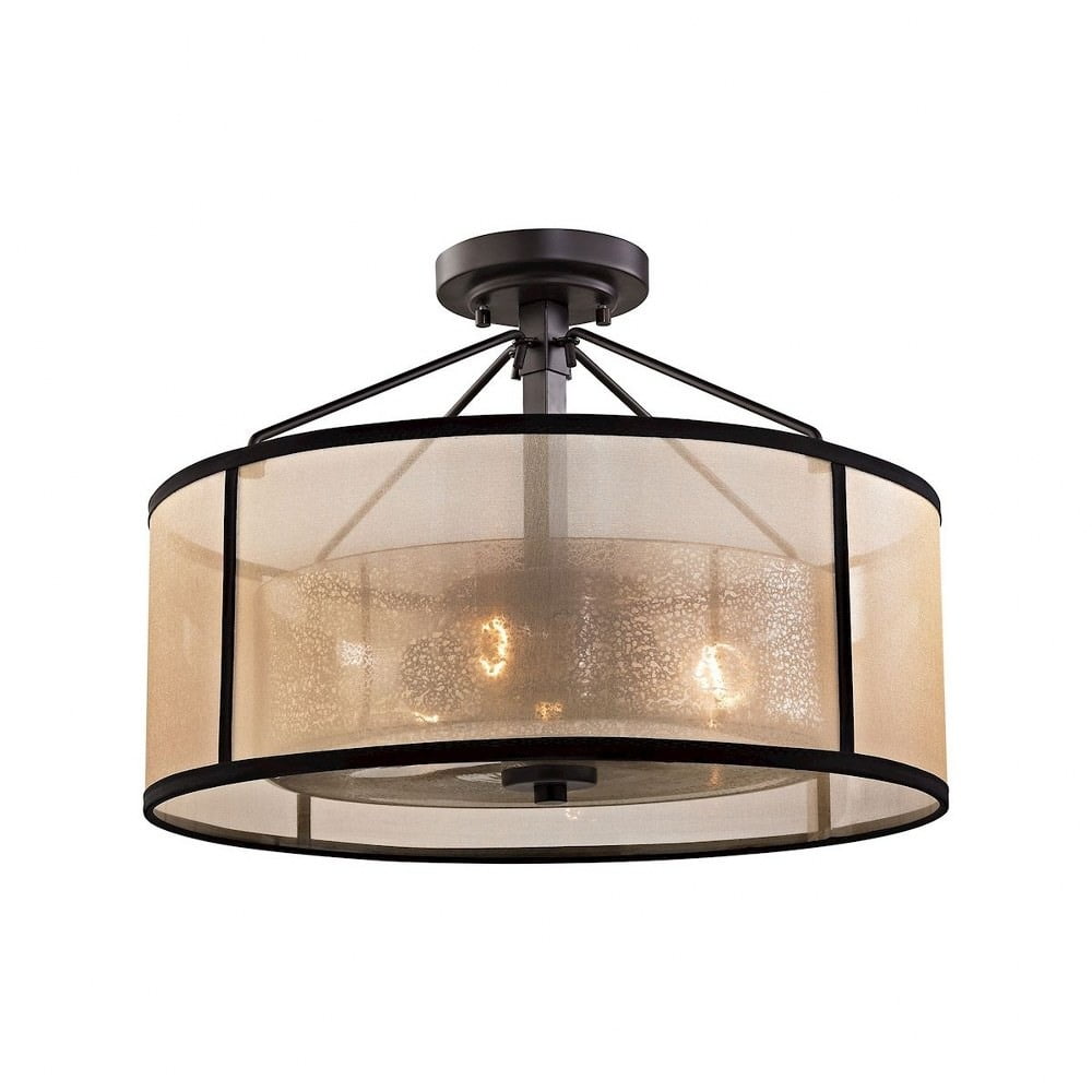 Beige Organza Drum Shade Oil Rubbed Bronze Semi-Flush Mount