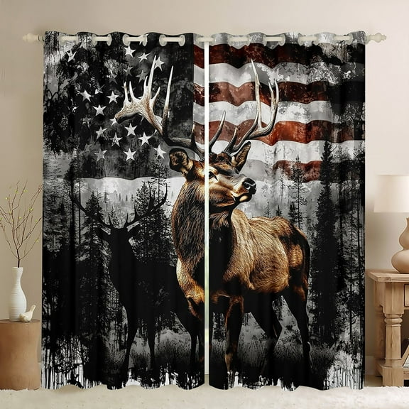 Elk Lodge Curtains 42Wx84L,Jungle Deer Wildlife Pine Trees Animal Hunting Windows Drapes Block 30%-50% Light,Retro American Flag Black Gray Graffiti Grommet Window Treatment,2 Panels