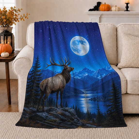 Elk by Moonlit Lake and Blue Mountains, Regal Rustic Style for Wildlife Lovers, Alpine Night Scene and Father's Day Gift, Warm Flannel Blanket for Cabin and Study Room, Home Decor