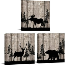 Elk Moose Bear Painting Animal Canvas Prints Wall Art Hunting Theme Farmhouse Cabin Decor Pictures Rustic Vintage Framed Ready to Hang 12"x12"x3 Pieces