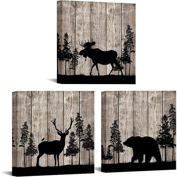 Elk Moose Bear Painting Animal Canvas Prints Wall Art Hunting Theme Farmhouse Cabin Decor Pictures Rustic Vintage Framed Ready to Hang 12"x12"x3 Pieces
