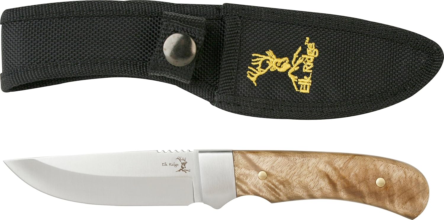 Elk Ridge ER-107 Fixed Blade Knife - 4.5" 3cr13 Stainless Steel Blade, Wood Handle, Full Tang Outdoor Hunting Survival Knife with Leather Sheath