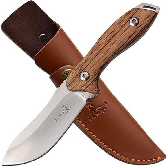Elk Ridge ER-200-03D Fixed Blade Knife - 4.75" 3Cr13 Stainless Steel Blade, Brown Wood Handle, Full Tang Outdoor Hunting Survival Knife with Leather Sheath