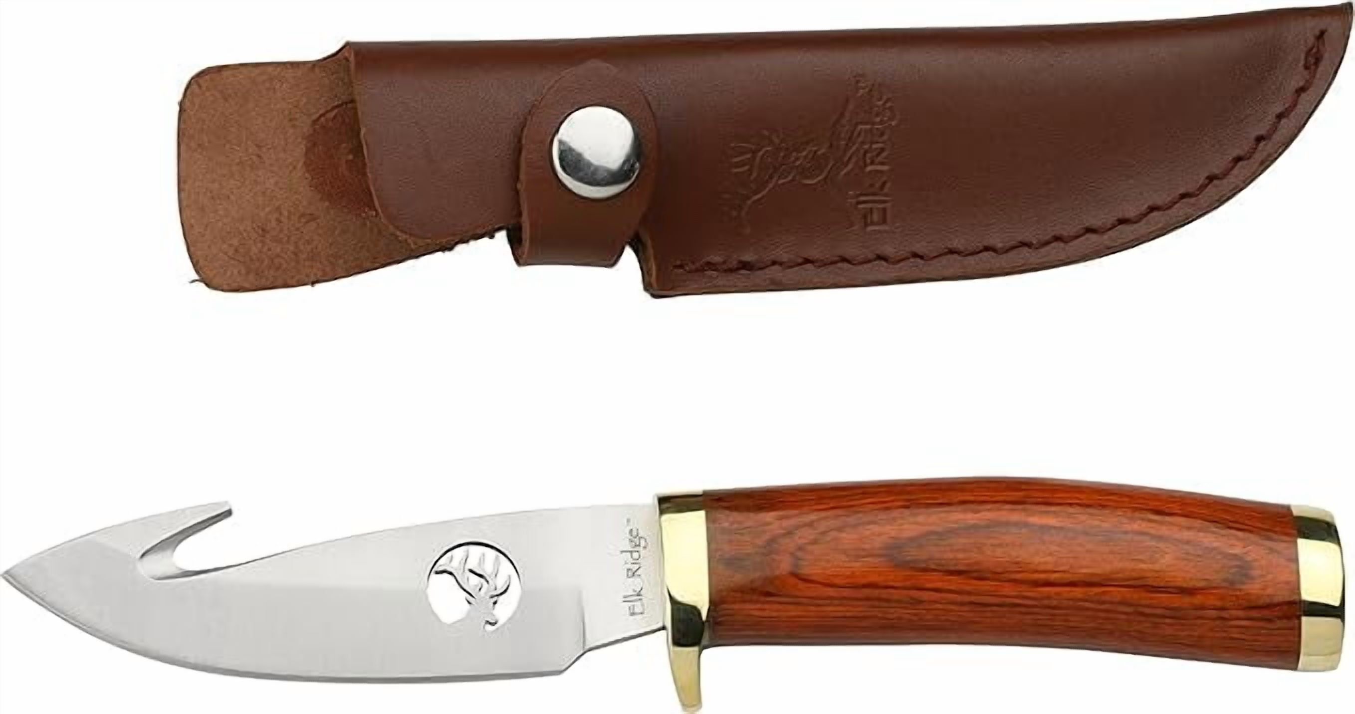 Elk Ridge - Fixed Blade Knife - 8.5-in Overall, Mirror Finished gut Hook Blade, Wood Handle, Leather Sheath - Hunting, Camping, Survival