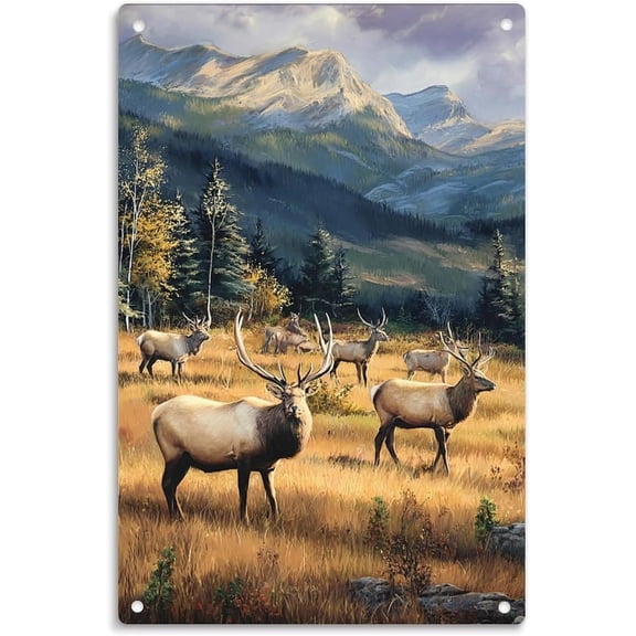 Elk in Rocky Mountains Autumn Landscape Tin Sign Vintage Wildlife Elk Herd Metal Sign Print Aesthetic Room Decoration for Home Bedroom Kitchen Bar Dorm Bathroom Wall Decor 8 X 12 Inch