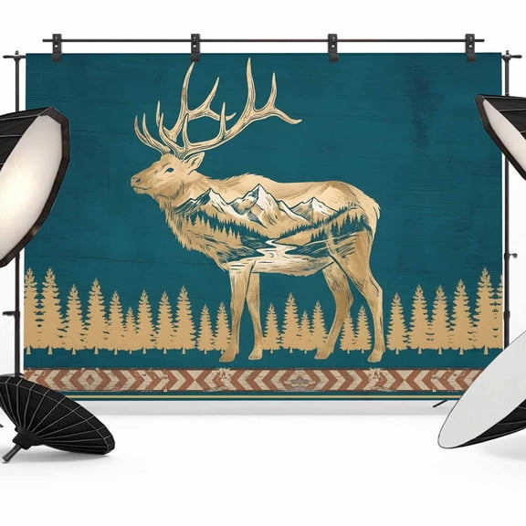 Elk Silhouette Backdrop for Photography, Abstract Animal Gold Mountain Landscape Dark Green Photo Backdrop Portrait Background Party Banner Photo Backgrounds for Studio Booth Props, 10x8ft