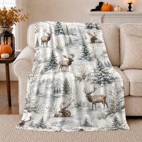 Elk in Snowy Forest with Mountains, Rustic Wilderness Style for Wildlife Lovers, Cozy Pinecone Winter Scene, Flannel Blanket for Cabin and Living Room, Christmas Gift and Nature Home Decor