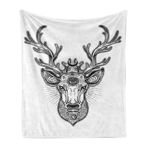 Elk Soft Flannel Fleece Blanket, Ornate Deer Head with Crescent Moon in His Antlers Hand-Drawn Vintage Art, Cozy Plush for Indoor and Outdoor Use, 60" x 80", Charcoal Grey and White, by Ambesonne
