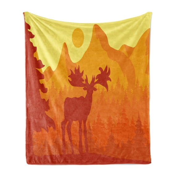 Elk Soft Flannel Fleece Throw Blanket, Silhouette of Wapiti Deer Mountain Trees Sun Natural Reserve Area, Cozy Plush for Indoor and Outdoor Use, 60" x 80", Vermilion Orange and Mustard, by Ambesonne
