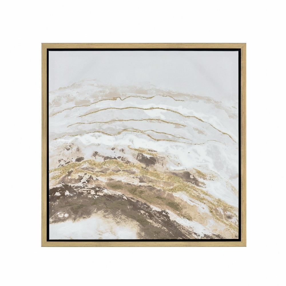 Neutral Beige and Gold Abstract Canvas Painting with Gold Frame