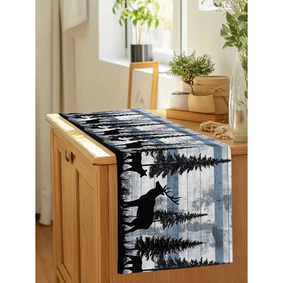 Elk Tree Jungle Black Silhouette Table Runner 36 Inches Long,Kitchen Dining Tablerunners Farm Retro Wood Board Linen Table Runners Dresser Scarves for Home Dinner Wedding Holiday Party Decor