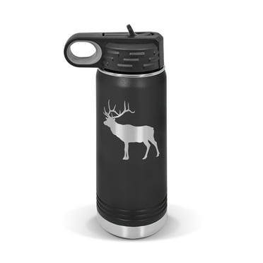 Elk Water Bottle 20 oz - Laser Engraved w/ Flip Top Removable Straw - Polar Camel - Stainless - Vacuum Insulated - Drinkware - deer wapiti american hunter hunting antlers - Black