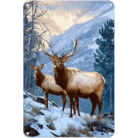 Elk in Winter Forest tin sign, Vintage Deer in Snowy Mountain Metal Sign print Aesthetic Room Decoration for Home Bedroom Kitchen Bar Coffee Bathroom Indoor Outdoor Wall Decor, 8 X 12 IN