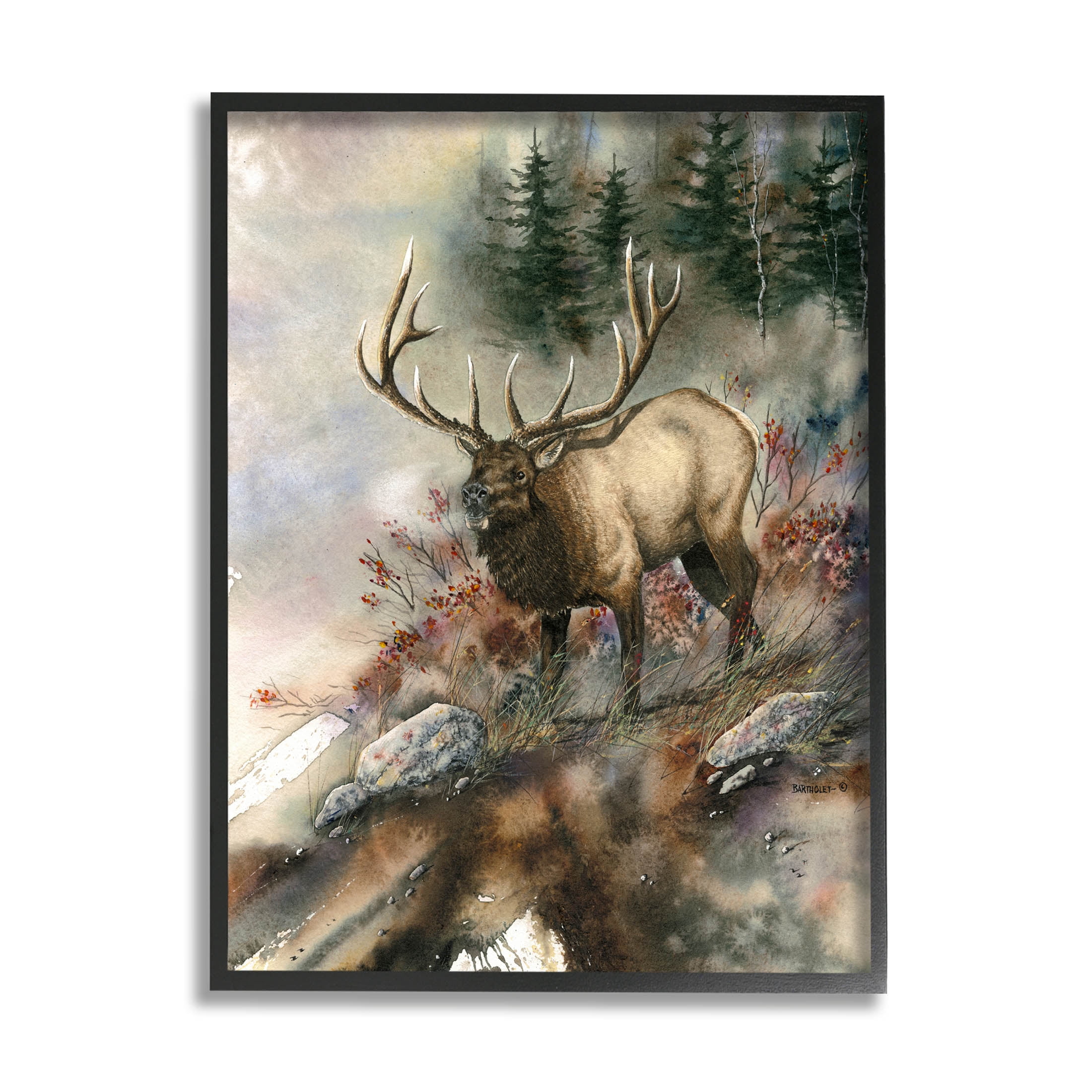 Elk Woodland Slope Clearing Animals & Insects Graphic Art Black Framed Art Print Wall Art