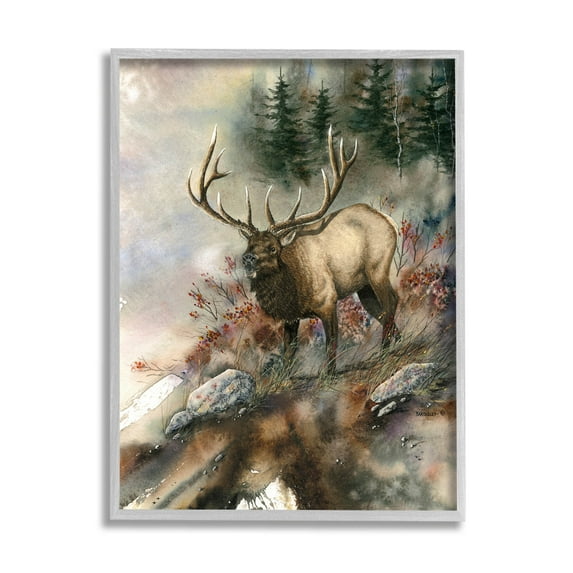 Elk Woodland Slope Clearing Animals & Insects Graphic Art Gray Framed Art Print Wall Art