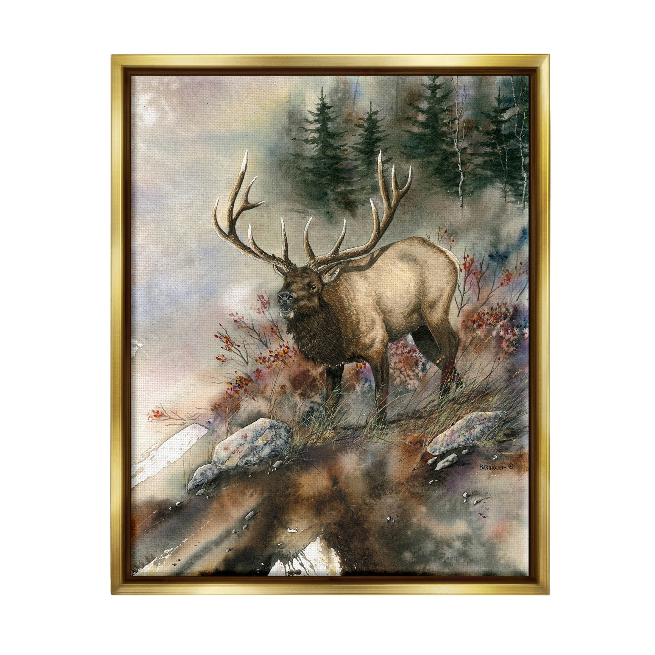 Elk Woodland Slope Clearing Animals & Insects Graphic Art Metallic Gold Framed Art Print Wall Art