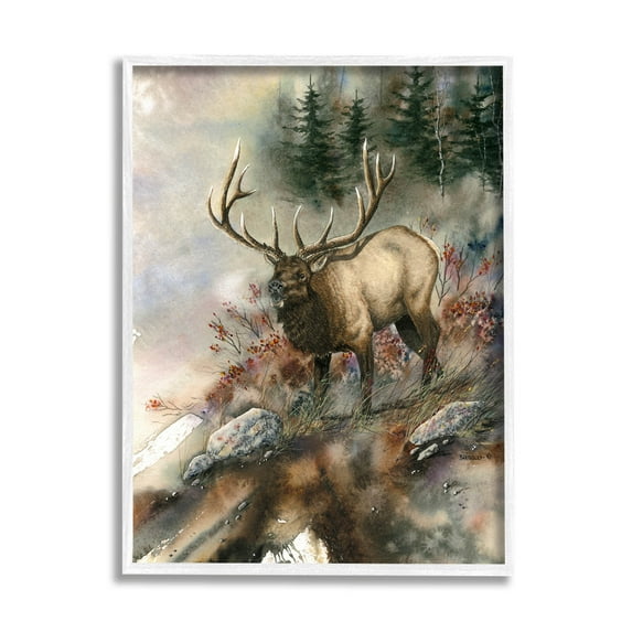 Elk Woodland Slope Clearing Animals & Insects Graphic Art White Framed Art Print Wall Art