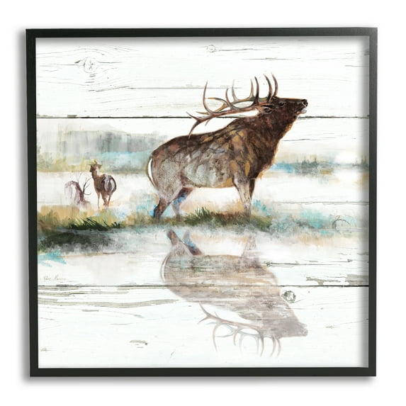 Elk and Wild Deer Forest Animal Watering Hole Animals & Insects Framed Art Print Wall Art, 17x17