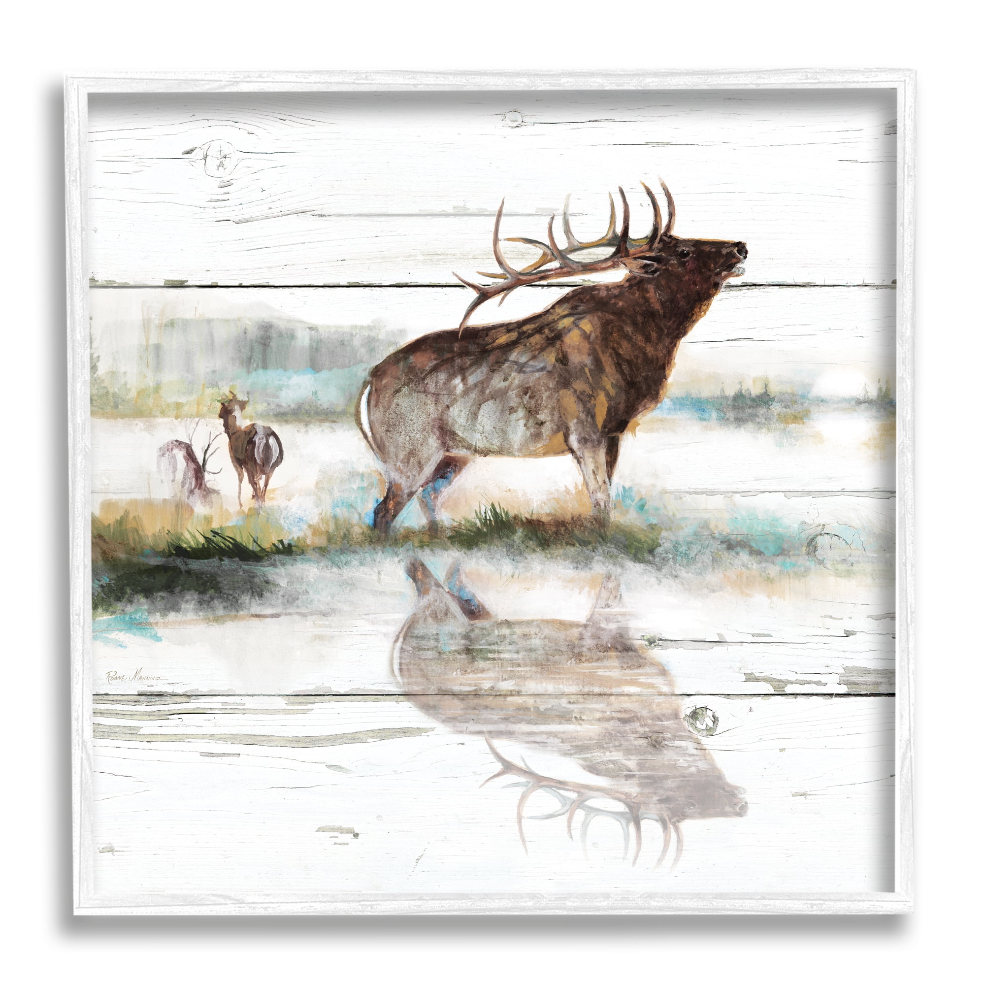 Elk and Wild Deer Forest Animal Watering Hole Animals & Insects Framed Art Print Wall Art, 17x17