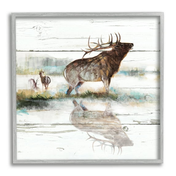Elk and Wild Deer Forest Animal Watering Hole Animals & Insects Framed Art Print Wall Art, 17x17