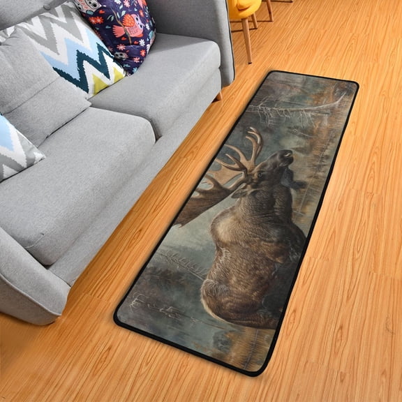 Elk at Water Edge in Forest Hallway Runner Rug 2'X6' Non-Slip Washable Carpet Runner Kitchen Entryway Laundry Bedroom