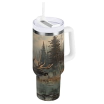 Elk at Water Edge in Forest Tumbler with Handle and Straw Lid 30 oz Insulated Vacuum Water Bottle Stainless Steel Travel Cup