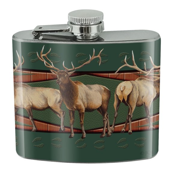 Elk in a Row Deer Hunter Hunting Stainless Steel 5oz Hip Drink Kidney Flask