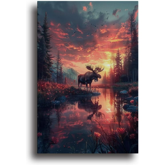 Elk on the water Canvas Wall Pictures Wall Art, Large Hanging Wall Art Living Room Decor, Bathroom Bedroom Office Decor - 8x12 inch Unframed