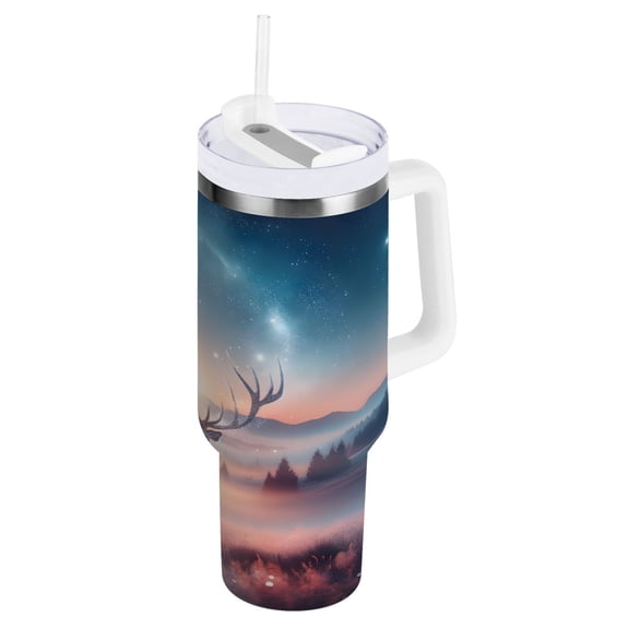 Elk under Night Sky Tumbler with Handle and Straw Lid 40 oz Insulated Vacuum Water Bottle Stainless Steel Travel Cup