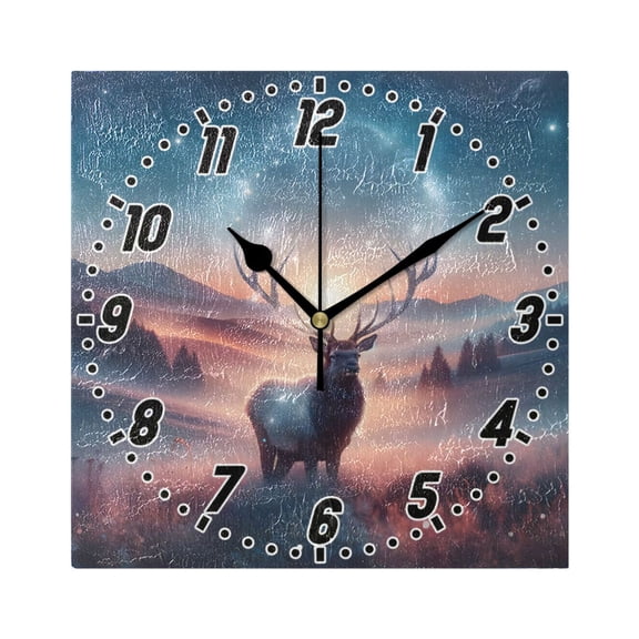 Elk under Night Sky Wall Clock Battery Operated Silent Non-Ticking Bedroom Office Kitchen Home School Decor 7.8"(Black)