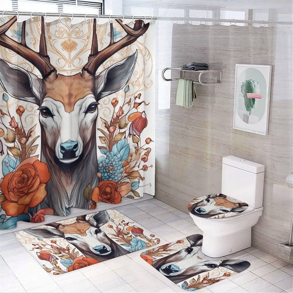 Elk with Flowers 4Pcs Shower Curtain Set Shower Curtain Set with Carpet Bath Mat