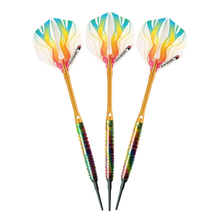 OGREVI RAINBOW ダーツセット 90%タングステン Elkadart Rainbow 90% Tungsten Soft Tip Dart Set, Ringed Barrel, 18