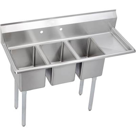 elkay foodservice 3 compartment sink, 48.5"x19.75" oa, 36" working height, 10x14 bowl, 10 deep, 10.75" backsplash, right 12 drainboards, 8" on center faucet hole, galvinized legs, adjustable feet, 16