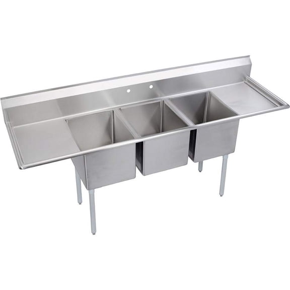 Elkay 3C16X20-2-18X Standard Scullery Sink, 3-Compartment 12" Deep Bowls, 18" Left & Right Drainboards, 88 (L) x 25.75 (W) x 46.75 (H)