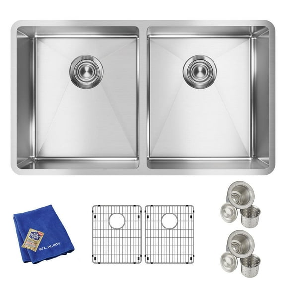 Elkay Crosstown Stainless Steel 31-1/2" x 18-1/2" x 9", Equal Double Bowl Undermount Sink Kit