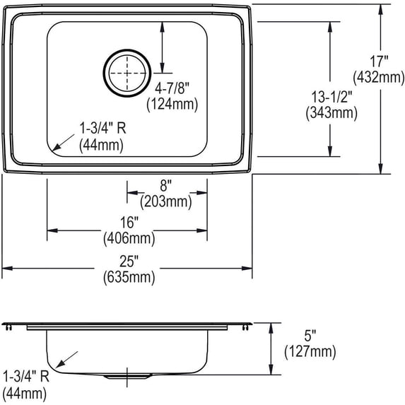 SS 25x17x5 Single Drop-in ADA Sink