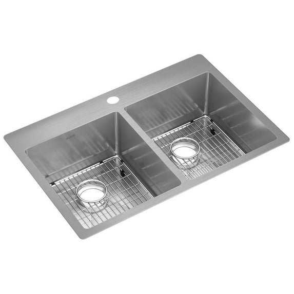 Elkay ECTSR33229TBG1 Crosstown Stainless Steel 33" x 22" x 9", Equal Double Bowl Dual Mount Sink Kit