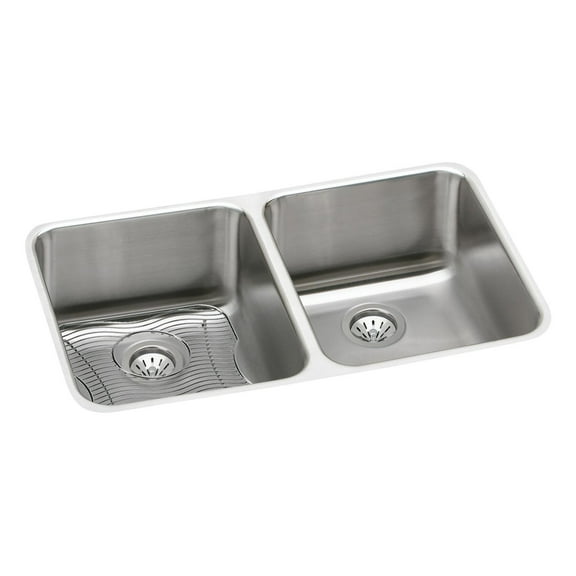 Elkay ELUH3118DBG Lustertone Stainless Steel 30-3/4" x 18-1/2" x 7-7/8" 2-Bowl Undermount Kitchen Sink Kit