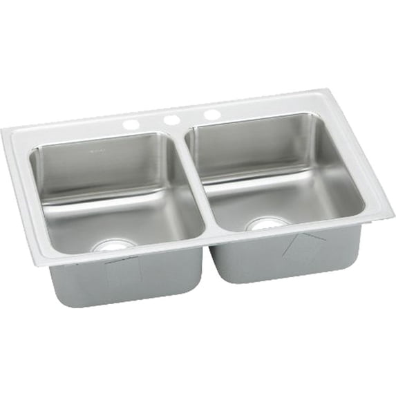 Elkay LRQ33193 Lustertone Classic 33 x 19-1/2 x 7-5/8 Equal Double Bowl Drop-In Sink w/ Quick-clip, 3 Holes, Stainless
