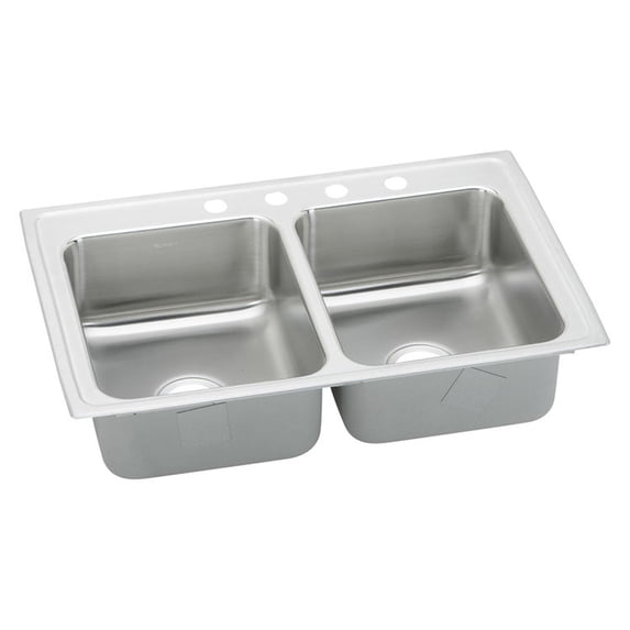 Elkay LRQ33190 Lustertone Classic 33 x 19-1/2 x 7-5/8 Equal Double Bowl Drop-In Sink w/ Quick-clip, No Holes, Stainless